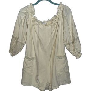 All In Favor Women’s Linen Cotton Blend Puff Sleeve Romper size S Boho Coquette